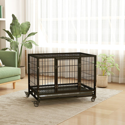 38" Heavy Duty Metal Dog Kennel with Crate Tray and Wheels Medium - Black
