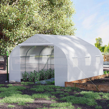 4.5m Walk-In Greenhouse Polytunnel with Steel Frame and Roll-Up Door - White