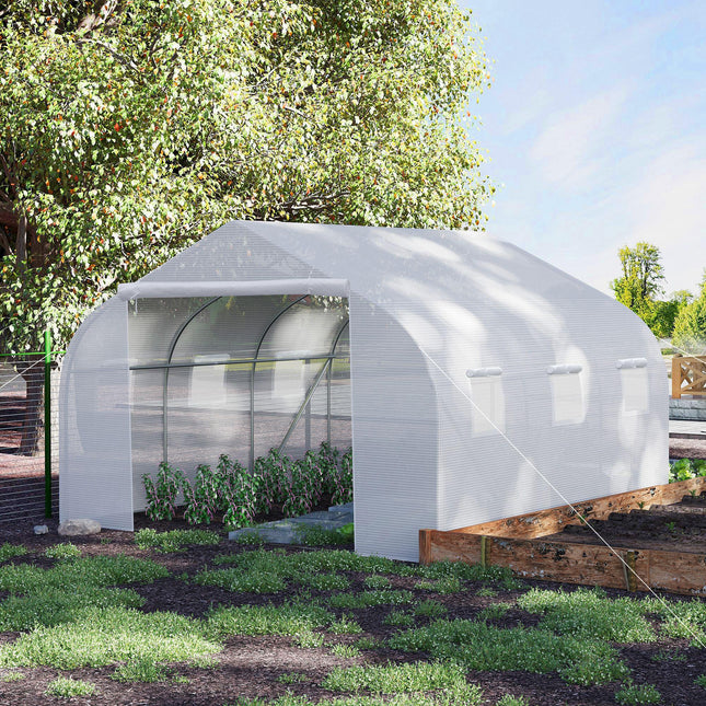 4.5m Walk-In Greenhouse Polytunnel with Steel Frame and Roll-Up Door - White