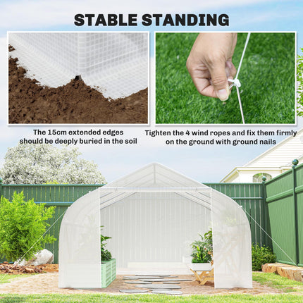 4.5m Walk-In Greenhouse Polytunnel with Steel Frame and Roll-Up Door - White