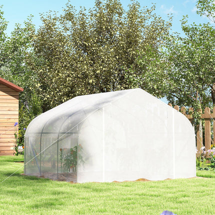4.5m Walk-In Greenhouse Polytunnel with Steel Frame and Roll-Up Door - White