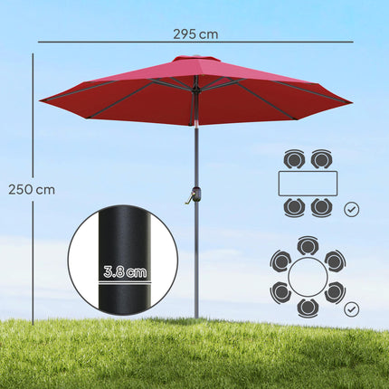 3m Tilting Parasol Garden Umbrella with 8 Ribs and Crank Handle - Wine Red
