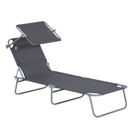 Adjustable Folding Reclining Sun Lounger with Canopy for Beach Garden Patio - Grey