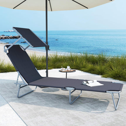 Adjustable Folding Reclining Sun Lounger with Canopy for Beach Garden Patio - Grey