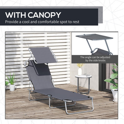 Adjustable Folding Reclining Sun Lounger with Canopy for Beach Garden Patio - Grey