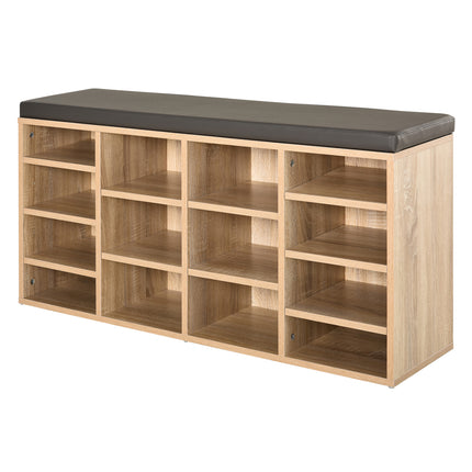 Multi-Storage Shoe Rack with 14 Compartments and Cushioned Seat for Home and Office Organisation - Brown