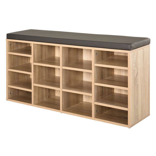 Multi-Storage Shoe Rack with 14 Compartments and Cushioned Seat for Home and Office Organisation - Brown