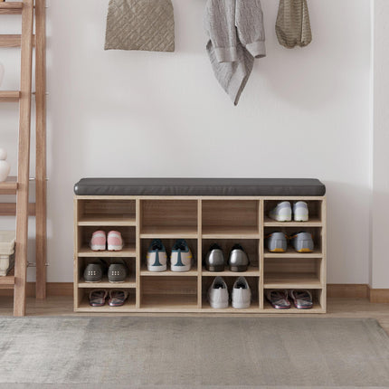Multi-Storage Shoe Rack with 14 Compartments and Cushioned Seat for Home and Office Organisation - Brown