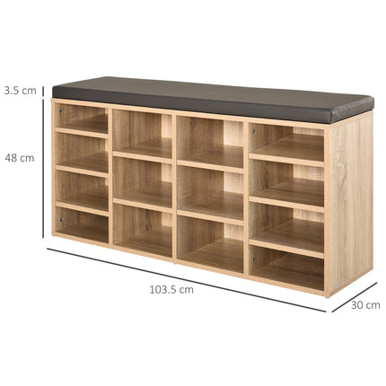 Multi-Storage Shoe Rack with 14 Compartments and Cushioned Seat for Home and Office Organisation - Brown