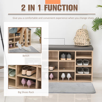 Multi-Storage Shoe Rack with 14 Compartments and Cushioned Seat for Home and Office Organisation - Brown