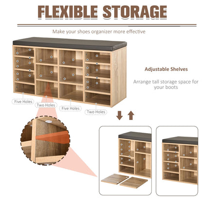 Multi-Storage Shoe Rack with 14 Compartments and Cushioned Seat for Home and Office Organisation - Brown