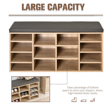 Multi-Storage Shoe Rack with 14 Compartments and Cushioned Seat for Home and Office Organisation - Brown