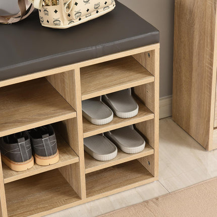 Multi-Storage Shoe Rack with 14 Compartments and Cushioned Seat for Home and Office Organisation - Brown