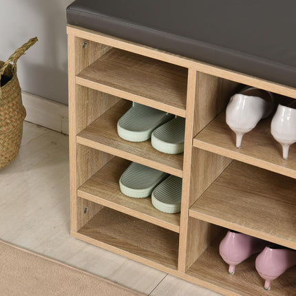 Multi-Storage Shoe Rack with 14 Compartments and Cushioned Seat for Home and Office Organisation - Brown
