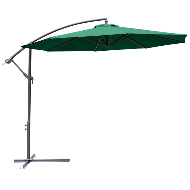 3m Garden Banana Cantilever Parasol with Crank Handle and Cross Base - Green