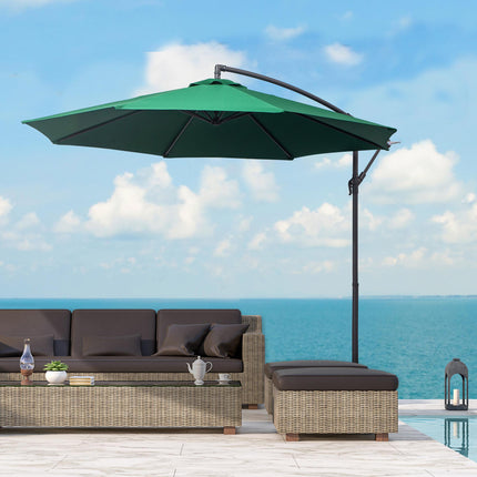 3m Garden Banana Cantilever Parasol with Crank Handle and Cross Base - Green