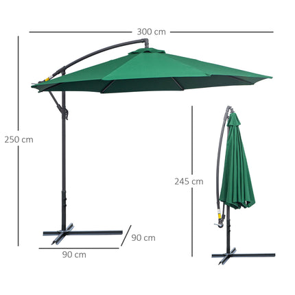 3m Garden Banana Cantilever Parasol with Crank Handle and Cross Base - Green