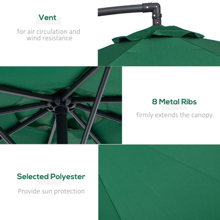 3m Garden Banana Cantilever Parasol with Crank Handle and Cross Base - Green