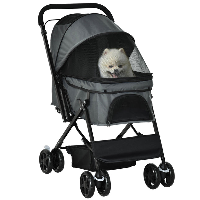 Foldable Pet Stroller Jogger with Reversible Handle, EVA Wheels, Brake & Adjustable Canopy - Grey