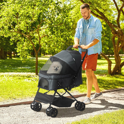 Foldable Pet Stroller Jogger with Reversible Handle, EVA Wheels, Brake & Adjustable Canopy - Grey