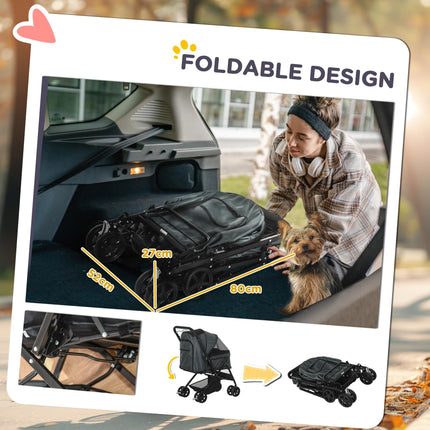 Foldable Pet Stroller Jogger with Reversible Handle, EVA Wheels, Brake & Adjustable Canopy - Grey