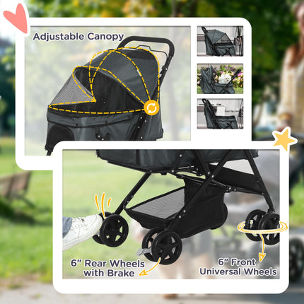 Foldable Pet Stroller Jogger with Reversible Handle, EVA Wheels, Brake & Adjustable Canopy - Grey