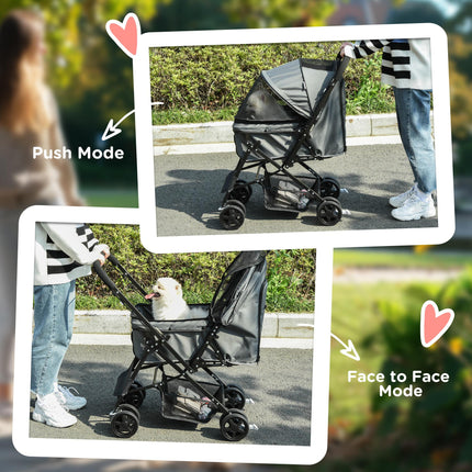 Foldable Pet Stroller Jogger with Reversible Handle, EVA Wheels, Brake & Adjustable Canopy - Grey