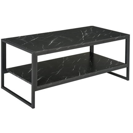 Two-Tier Laminate Marble Print Coffee Table with Metal Frame and Shelves - Black
