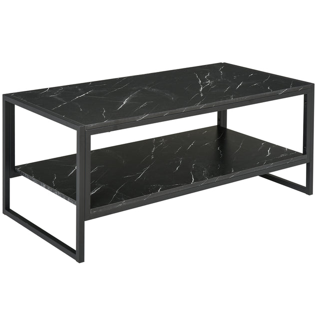Two-Tier Laminate Marble Print Coffee Table with Metal Frame and Shelves - Black
