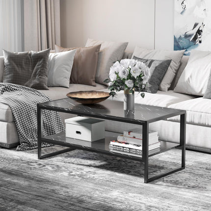Two-Tier Laminate Marble Print Coffee Table with Metal Frame and Shelves - Black