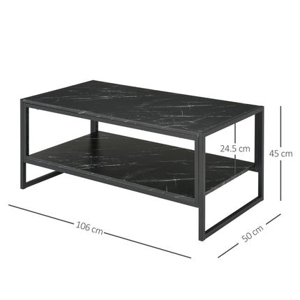 Two-Tier Laminate Marble Print Coffee Table with Metal Frame and Shelves - Black
