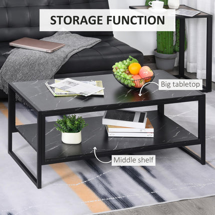 Two-Tier Laminate Marble Print Coffee Table with Metal Frame and Shelves - Black