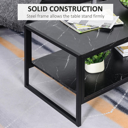 Two-Tier Laminate Marble Print Coffee Table with Metal Frame and Shelves - Black