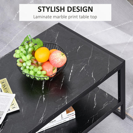 Two-Tier Laminate Marble Print Coffee Table with Metal Frame and Shelves - Black