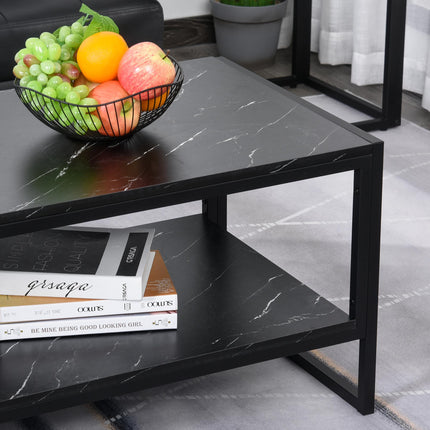 Two-Tier Laminate Marble Print Coffee Table with Metal Frame and Shelves - Black