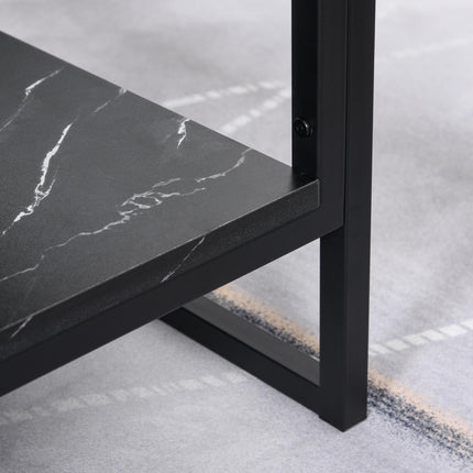 Two-Tier Laminate Marble Print Coffee Table with Metal Frame and Shelves - Black