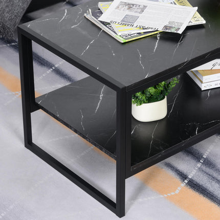 Two-Tier Laminate Marble Print Coffee Table with Metal Frame and Shelves - Black