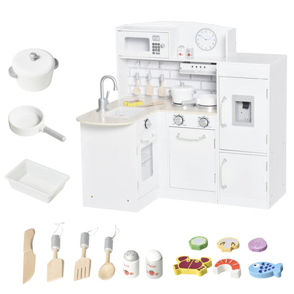 14 Piece Wooden Kids Play Kitchen Set with Fridge and Microwave - White