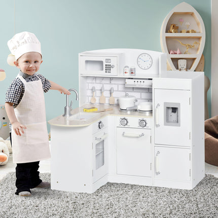 14 Piece Wooden Kids Play Kitchen Set with Fridge and Microwave - White