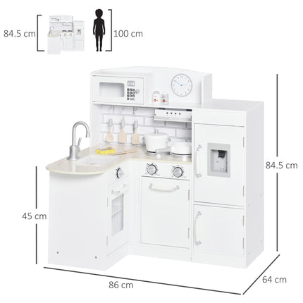 14 Piece Wooden Kids Play Kitchen Set with Fridge and Microwave - White