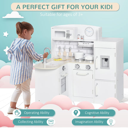 14 Piece Wooden Kids Play Kitchen Set with Fridge and Microwave - White