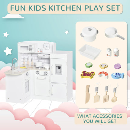 14 Piece Wooden Kids Play Kitchen Set with Fridge and Microwave - White