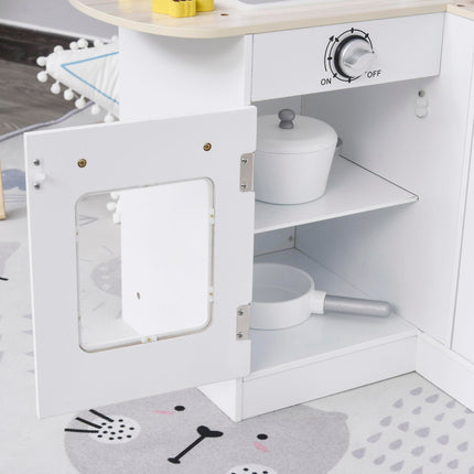 14 Piece Wooden Kids Play Kitchen Set with Fridge and Microwave - White