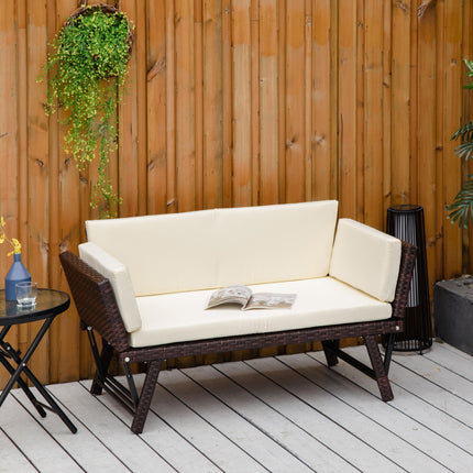2 Seater Folding Rattan Daybed Sofa Bench with Cushion - Brown