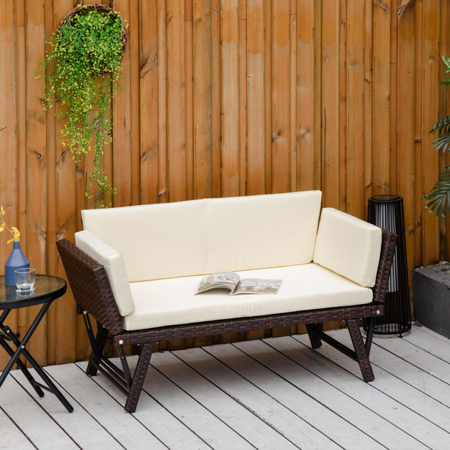 2 Seater Folding Rattan Daybed Sofa Bench with Cushion - Brown