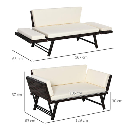 2 Seater Folding Rattan Daybed Sofa Bench with Cushion - Brown