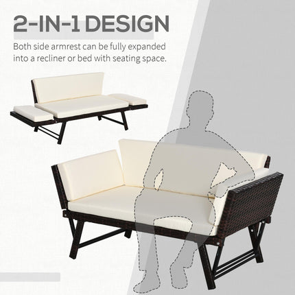 2 Seater Folding Rattan Daybed Sofa Bench with Cushion - Brown