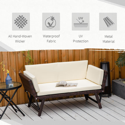 2 Seater Folding Rattan Daybed Sofa Bench with Cushion - Brown
