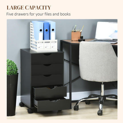 5 Drawer Mobile Vertical Filing Cabinet with Wheels for Home Office - Black