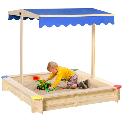 Kids Wooden Sandpit with Adjustable Canopy and Bench Seat - Natural Wood